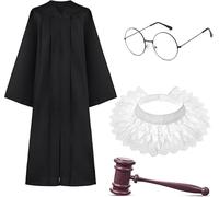 4-Piece Judge Costume Set, Black Robe with Lace False Collar, Plastic Hammer & Round Glasses Accessories for Adults, Cosplay, Halloween Parties