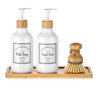 4-Piece Kitchen Soap Dispenser Set 16 oz With Bamboo Pump Tray and Brush - Bathroom Set With Waterproof Labels for Hand Soap, Dish, Lotion (White)