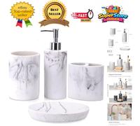 ZCCZ Bathroom Accessory Set - 4 Pcs, Marble Look Vanity Countertop Accessories with Soap Dispenser, Toothbrush Holder, Tumbler, Soap Dish - White