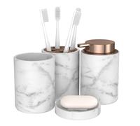 bonVIVO Marmora Bathroom Accessories Set - 4-Piece Marble Look Bathroom Set, Soap Dish, Soap Dispenser Pump, Toothbrush Holder, Tumbler - Luxury Bathroom Set, Elegant Bathroom Essentials Rose Gold