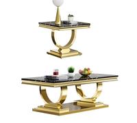 4 Piece Marble Coffee Table Set with Stainless Steel Base, Luxury White Faux Marble Tables for Living Room and Office, Includes Console and 2 End Tables
