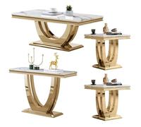 4 Piece Marble Coffee Table Set with Stainless Steel Base, Luxury White Faux Marble Tables for Living Room and Office, Includes Console and 2 End Tables