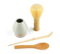 4 Piece Matcha Japanese Ceremony Set, Resin Matcha Whisk, Bamboo Spoon, Bamboo Scoop, Whisk Stand, Perfect Set for Preparing, Yellow - Grid Green