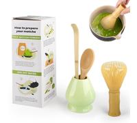 4 Piece Matcha Japanese Ceremony Set, Resin Matcha Whisk, Bamboo Spoon, Bamboo Scoop, Whisk Stand, Perfect Set for Preparing, Yellow - Pale Green