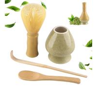 4 Piece Matcha Japanese Ceremony Set, Resin Matcha Whisk, Bamboo Spoon, Bamboo Scoop, Whisk Stand, Perfect Set for Preparing, Yellow - Matcha Green