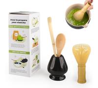 4 Piece Matcha Japanese Ceremony Set, Resin Matcha Whisk, Bamboo Spoon, Bamboo Scoop, Whisk Stand, Perfect Set for Preparing, Yellow-Black