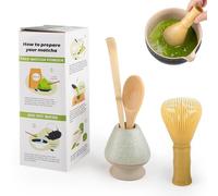 4 Piece Matcha Japanese Ceremony Set, Resin Matcha Whisk, Bamboo Spoon, Bamboo Scoop, Whisk Stand, Perfect Set for Preparing, Yellow - Grayish Green