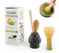 4 Piece Matcha Japanese Ceremony Set, Resin Matcha Whisk, Bamboo Spoon, Bamboo Scoop, Whisk Stand, Perfect Set for Preparing, Yellow - Speckled Black