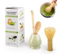 4 Piece Matcha Japanese Ceremony Set, Resin Matcha Whisk, Bamboo Spoon, Bamboo Scoop, Whisk Stand, Perfect Set for Preparing, Yellow - Speckled Green