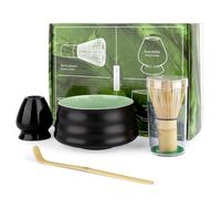 4-Piece Matcha Starter Kit - Ceramic Matcha Bowl, Bamboo Whisk, Scoop, and Holder - Traditional Japanese Matcha Tea Set for Beginners & Tea Lovers (Black)