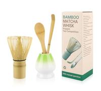 4-Piece Matcha Tea Set - Handmade Bamboo Whisk, Scoop, Ceramic Whisk Holder & Stainless Steel Sifter - Traditional Japanese Matcha Kit for Tea Lovers (Gradient Green)