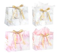 4-Piece Medium Gift Bags with Tissue Paper and Handles - 9.8"x7.8"x4.7" Pink White Marble Style for Birthday, Wedding, Baby Shower Shopping