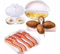 4 Piece Microwave Cooking Set for Potatoes, Bacon, Eggs & Omelettes, Double Egg Poacher, Potato Baker, Omelette Maker, Bacon Rack, BPA Free, Dishwasher Safe, Quick & Easy Meal Prep