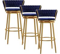 4-Piece Modern Velvet Bar Stool Set Gold Kitchen Island Chairs with Backrest & Footrest Stylish for Home Kitchen Island & Pub (Blue 3 Pieces)