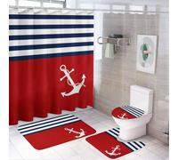4 Piece Nautical Bathroom Set - Coastal Beach Theme Red Blue White Stripes Anchor Print Shower Curtain Non-Slip Bath Mat Toilet Lid Cover U-Shaped Rug