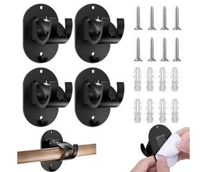 4-Piece No Drill Curtain Hooks Curtain Rod Holder Command Curtain Rod Hooks Brackets with Fixing Screws and Non-Marking Stickers Suitable for Bathrooms, Bedrooms, and Kitchens (Black)