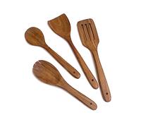 4 Piece Non-Stick Acacia Wooden Cutlery Spoon Set for Cooking, Wood Kitchen Utensils Salad Spoon & Fork, Turner & Slotted Spatula Set, Long Handle Cookware Tools, 12 & 10 Inch, Natural Brown