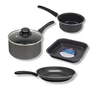 4-Piece Non-Stick Home Starter Cookware Set, 18cm Saucepan with Lid, 15cm Milk Pan, 24cm Frying Pan, 21cm Square Baking Pan, UK Made Perfect for University Students