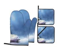 4 Piece Oven Mitts & Handle Covers Set | Spa Purity of The Zen Massage Magic Lily Stones Sunbeams Serenity Theme Ancient Motifs Heat Resistant Baking Gloves with Hanging Loops for Grilling