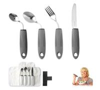 4 Piece Parkinson Cutlery Stainless Steel with Storage Bag, Handle Thickening Cutlery, Senior Cutlery for Disabled Arthritis Parkinsons Elderly or People with Tremors