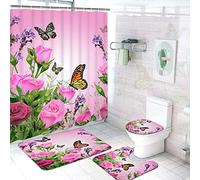 4 Piece Pink Butterflies Flower Shower Curtain,Butterfly Washable Bathroom Décor Set with Toilet Lid Cover, Non-Slip Floor Rugs, Absorbent U Shaped Mats and Waterproof Bathtub Curtains with Hooks