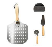 4-Piece Pizza Peel Set with Cutter Dough Scraper for Home Baking | Complete Baking Kit With Stainless Steel Tools, Foldable Wooden Handle and Accessories for Pizza, Bread and Pastry Making