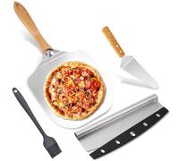 4-Piece Pizza Tools Set - 12-Inch Aluminum Pizza Peel, Pizza Cutter, Cheese Spatula & Silicone Brush - Durable Pizza Paddle with Wood Handle - Perfect for Baking, BBQ, Homemade Pizza & Pastries