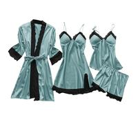 4 Piece Pjs for Women Sets Robes Lace Dressing Silk Solid Satin Soft Summer Spring Gown Nightdress Sexy Underwear Pajamas Tops Shorts Dresses Sleepwear Oversized Army Green