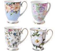 4 Piece Porcelain Mug Set - Bone China Floral Coffee Tea Water Cup - Tea Coffee Cappuccino Home Kitchen Office Gift Mug Set - 11 oz/312 ml
