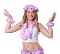 4 Piece Purple Hawaiian Flower Lei Set - 1x Flower Lei Necklace, 1x Floral Headband and 2x Flower Bracelets - Perfect for Summer & Hawaiian Fancy Dress - Pack of 1