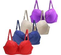 4 Piece Push Up Bra for Women, Ladies Sexy Floral Lace Bra, Anti Sagging Gathering Full Coverage Bras for Women, Soft Cups Padded Female Bralette with Adjustable Straps, Everyday Bras Multipack