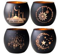 4-Piece Ramadan Tealight Candle Holders - Elegant Black & Gold Glass Votive Set - Eid Mubarak Table Decorations & Centrepieces - Islamic Gifts for Home & Prayer Room - Mosque & Crescent Moon Designs