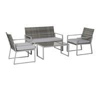 4-Piece Rattan Garden Furniture Set 2 Single Sofa Arm Chairs 1 Bench with Cushions & Coffee Table Patio Backyard Wicker Weave