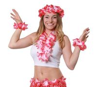 4 Piece Red Hawaiian Flower Lei Set - 1x Flower Lei Necklace, 1x Floral Headband and 2x Flower Bracelets - Perfect for Summer & Hawaiian Fancy Dress - Pack of 1