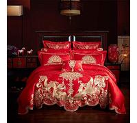 4 Piece Red Luxury Satin Jacquard Bedding Sets Gold Dragon Embroidery Bed Double King Duvet Cover Bedspread Set pillowc-A_King (A Queen size 9pcs)