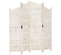 4-Piece Room Divider Screen Made of Solid Mango Wood Hand Carved White 160 x 165 cm Freestanding Foldable Privacy Screen Divider for Living Room Bedroom Office Garden
