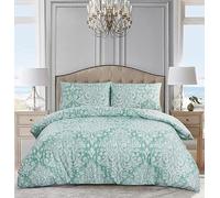 4-Piece Royal Damask Green Duvet Cover Set Super King 260 x 220 cm - Hotel Quality Soft Microfiber Quilt Cover with Fitted Sheet for Bedroom - Printed Bedding Set with 2 Pillow Shams