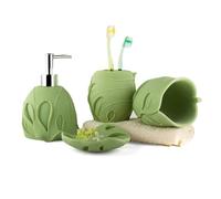 4-Piece Sandstone Bathroom Set, Leaf Design Soap Dispenser, Mouthwash Cup, Soap Dish for Modern Bathroom Bath Set(Grn)