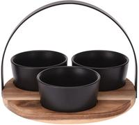 4-Piece Serving Set with Wooden Tray & 3 Black Ceramic Bowls - Modern Appetizer, Snack, Tapas & Dip Server with Carry Handle