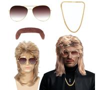 4 Piece Set Mullet Wig Brown, Pop Rock Wigs, 80s 90s Outfits Hip Hop Costume Kit, 70s Funky Hippie Wigs for Mullet Pop Style Wig 1970's Disco Halloween Costume Fashion Wig Fancy Party Accessories