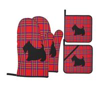 4-Piece Set Oven Gloves Set Red Plaid Scottish Terrier Scotty Dog Bbq Gloves Durable Baking Gloves For Grilling Oven Pizza Bbq Grilling