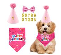 4 Piece Set Pet Birthday Party Supplies, Dog Triangle Scarf, Birthday Hat, Dog Bow Tie, Gold Pink Digital Patch, Pet Party Celebration Decorations for Small, Medium, Large Pets (Pink)