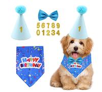4-Piece Set Pet Birthday Party Supplies, Dog Triangle Scarf, Birthday Hat, Dog Bow Tie, Gold Powder Digital Patch, Pet Party Celebration Decor for Small, Medium, Large Pets (Blue)