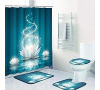 4 Piece Shower Curtain Sets, with 12 Hooks, Magic Lotus Flower Turquoise Zen with Non-Slip Rugs, Toilet Lid Cover and Bath Mat, Durable and Waterproof, for Bathroom Decor Set, 72" x 72"