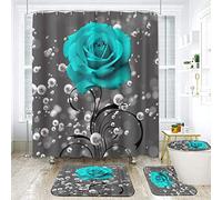 4 Piece Shower Curtain with Bath Rugs Bathroom Sets, Rustic Blue Rose Flower with Butterfly Bathtub Accessory Kit -- Carpet ,U Shape Mat and Toilet Lid Cover,Floral Valentine's Day Room Decor (Gray)