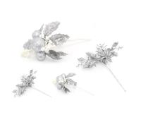 4 Piece Silver Glitter Christmas Flower Spray Pick | Artificial Holly Stems Christmas Decoration | Xmas Floral Spray Flower Pick