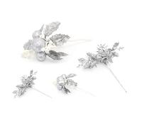 4 Piece Silver Glitter Christmas Flower Spray Pick | Artificial Holly Stems Christmas Decoration | Xmas Floral Spray Flower Pick