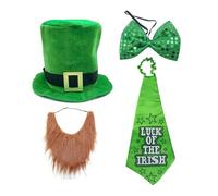 4 Piece St Patrick's Day Costume Set Leprechaun Hat Beard Tie Bow Tie for Irish Celebrations Complete Fancy Dress Outfit for Men Women Party Festival Accessories (Style 2 (Tie: 64 * 19.5cm))