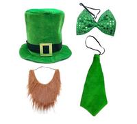 4 Piece St.Patrick's Days Leprechaun Hat for Adults - Sequins Bow Tie Necktie Beard Set Irish Green Hat St Patricks Day Carnival Theme Party Shamrock Hat Ireland Parade Accessories for Men Women