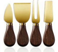4-Piece Stainless Steel Cheese Knives Set with Walnut Handle & Gold Accents, Cheese Slicer, Spreader, Fork & Hard Cheese Knife, Essential Charcuterie Board Accessories for Entertaining